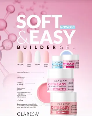 A marketing image for Claresa Soft & Easy Builder Gel, showcasing different shades and product packaging.