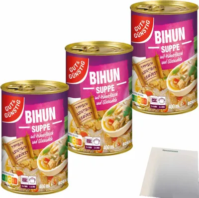 Produktbild von Gut & Günstig Bihunsuppe mit feinem Hühnerfleisch ausgewähltem Gemüse und asiatischen Glasnudeln 3er Pack (3x400ml Dose) + usy Block
