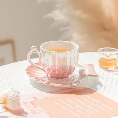 Produktbild von Keramikbecher mit Henkel, Keramiktasse, Trinkbecher, Tasse mit Untertasse, Frühstückstasse, Kaffeetasse 300 ml Rosa /MYBKBF/