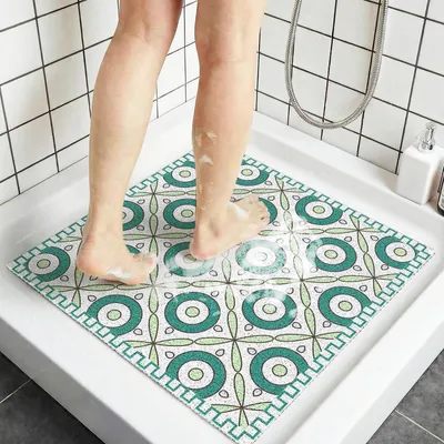 Obrázok produktu pre Podložka pod sprchu z PVC, tvarovaná ako luľko, 60x60 cm, štvorcová, rýchlo schnúca, s odvodňovacími otvormi, zelené kruhy