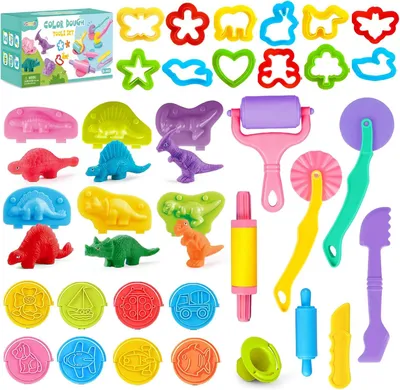 Productafbeelding van Klei-accessoires, 30 stuks kneed- en kleiaccessoires met stempel, uitsteekvormpjes, dino-makers, dierenvormen, deegroller, modelleerklei
