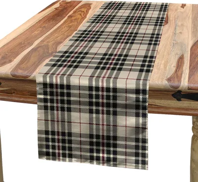 Produktbild von ABAKUHAUS Abstrakt Tischläufer, Gekreuzte Linien Tartan Britisches Traditionelles Muster, 40 x 180 cm, Beige Dunkel Taupe Maroon