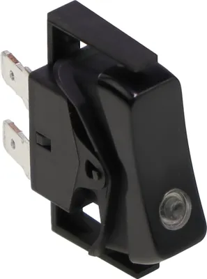 A close-up studio shot of a black electrical switch with two metal terminals.