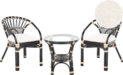 Produktbild von BELIANI Balkonset Schwarz Rattan 3-teilig 2 Sessel mit Couchtisch Auflagen Cremeweiß Boho Outdoor Indoor Garten Terrasse Balkon Wohnzimmer Schlafzimmer