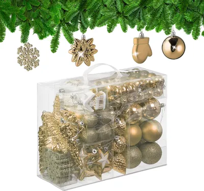 Produktbild von Relaxdays Weihnachtskugeln 100er Set, glitzernd, matt & glänzend, Baumschmuck, Kunststoff, versch. Designs, champagner