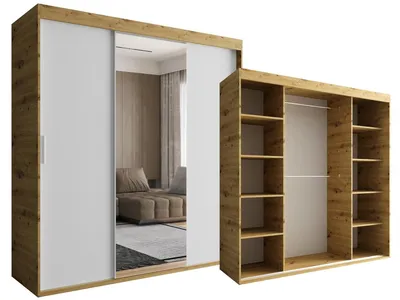 Produktbild von Schiebeschrank 180 CM Hellbraun Artisan und Weiß 3-türig mit Spiegel OTARIO