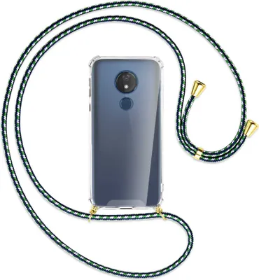 Produktbild von Handykette Backcover-Schutzhülle mit Band (Metall goldfarben) für Motorola Moto G7 Power - grün/blau/weiß