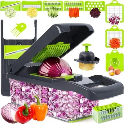 Image de Râpe à légumes multifonctionnelle 10 en 1, râpe à légumes, hachoir à oignons, râpe à fromage, bac d'égouttage, ustensile de cuisine (gris/vert) (gris)