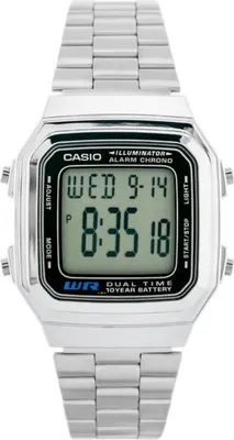 A digital watch with a silver metal band and a black face displaying the time and date.