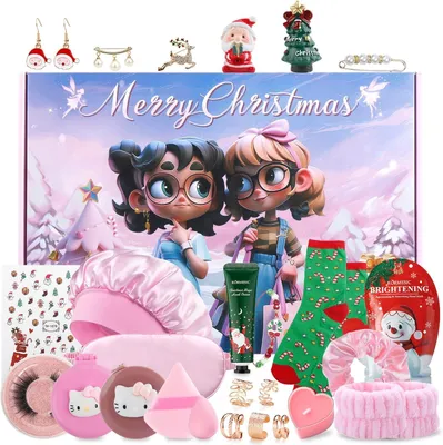 Produktbild von Adventskalender 2025 für Teenager Mädchen Frauen, Beauty Kosmetik Schmuck Ohrringe Armband Handmaske Brosche 24 Tage Weihnachtsgeschenk Set