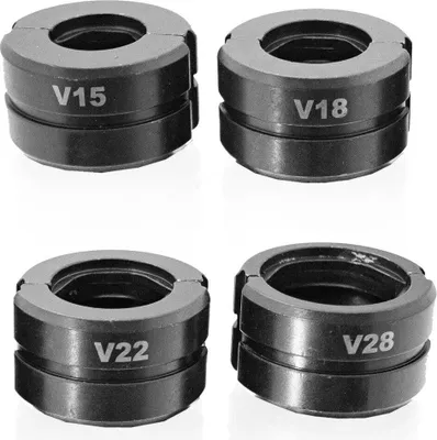 Four black metal press jaws with different sizes labeled.