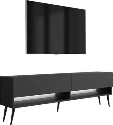 Obrázek produktu pro TV dolní skříňka 170 cm matná černá, černé šikmé nohy, bílá LED, 170 × 32 × 52 cm