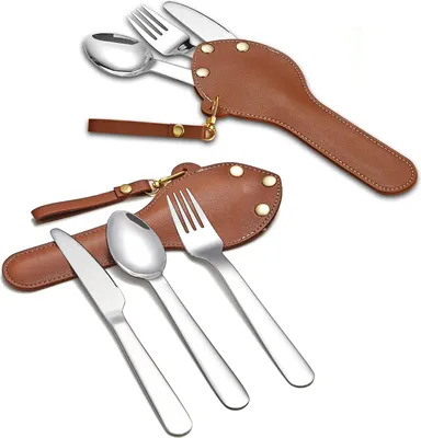 Produktbild von Tragbare Besteckset 2 Packs mit Lederetui - Edelstahl Messer, Löffel und Gabel Set für unterwegs