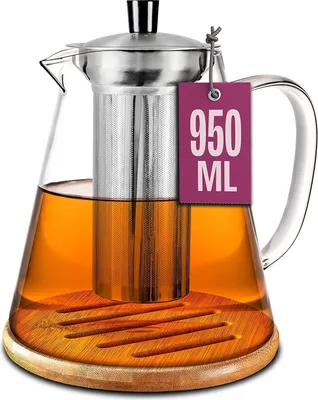 Immagine prodotto di Teiera in vetro con colino in acciaio inox 950ml - Con sottobicchiere - Resistente al calore - Si mantiene calda a lungo - Lavabile in lavastoviglie