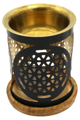 Image de Diffuseur d'arômes "Fleur de la vie" – diffuseur en métal avec soucoupe en bois, 8 x 9 cm