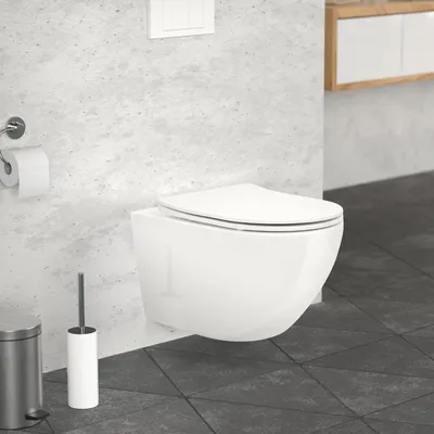 Obrázek produktu pro LuxeBath závěsný klozet bez ráfku dlouhý 52 cm, bílý lesklý, klozet z keramiky s antibakteriálním povrchem, odnímatelné klozetové prkénko z Duroplastu s mechanismem Soft-Close