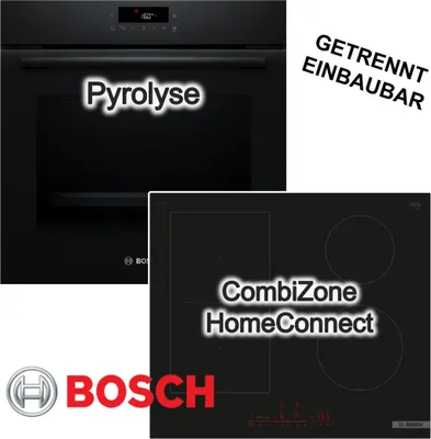 Produktbild von Herdset BOSCH Backofen Pyrolyse 3D Heissluft + Induktion PowerBoost HomeConnect CombiZone Schwarz