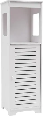 Image de Meuble de salle de bain - Meuble de rangement à 4 étagères avec porte - Résistant à l'eau - Étroit - À poser - En plastique - 28 × 25 × 90 cm - Blanc