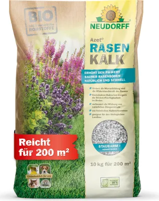 Produktbild von Neudorff  Azet RasenKalk staubarm schnell löslich verhindert die Bildung von Moos, sorgt für einen gesunden gleichmäßig grünen Rasen 10kg 200m²