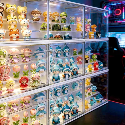 Image de Vitrine LED en acrylique, dimensions 36 x 22 x 18 cm, avec 3 niveaux, boîte acrylique transparente et empilable, avec porte magnétique. Boîte de présentation et de rangement pour figurines et jouets