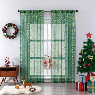 Produktbild von Vorhänge 2er Set Weihnachten Muster Transparenter Voile Stangendurchzug Gardinen für Wohnzimmer Schlafzimmer, Grün, B107xH217cm