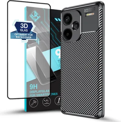Produktbild von Handy Hülle für Xiaomi Redmi Note 13 Pro+ 5G mit 9H Displayglas Displayschutz Plus Carbon Look Cover Case Schutzhülle Farbe: Schwarz