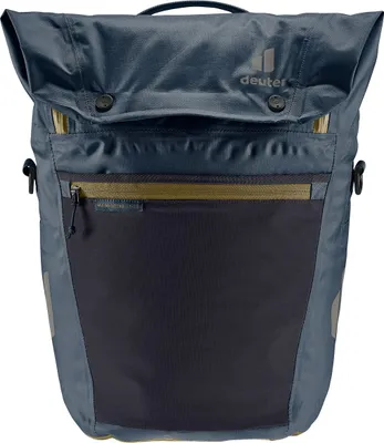 A close-up front view of a blue Deuter bicycle bag.