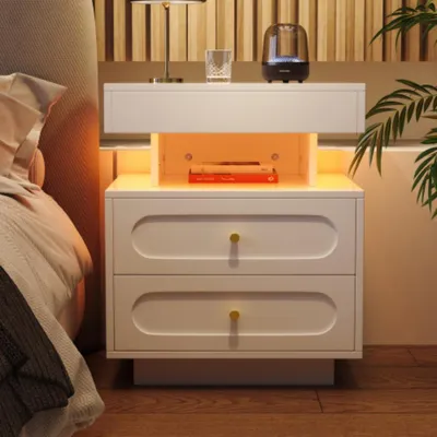 Produktbild von Nachttisch, Nachtschrank mit LED-Beleuchtung Nachtkommode mit 2 Schubladen, 1 offener Lagerraum
