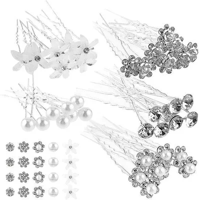 Image de Ensemble de 40 épingles à cheveux pour mariée, marque Ibenzoa®, 5 modèles différents : épingles en forme de U ornées de strass et de perles synthétiques, alliage argenté, avec sac de rangement inclus, idéal pour les mariages et les événements de gala