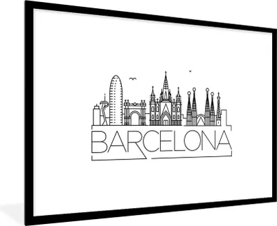 Produktbild von MuchoWow® MuchoWow® Gerahmtes Poster Skyline "Barcelona" schwarz auf weiß 90x60 cm - Poster mit zchwarzem Bilderrahmen - Wanddekoration - Fotos