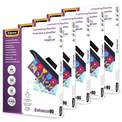 Image de Film de laminage Fellowes, format A4, brillant, épaisseur de 80 microns par face, avec système d'alignement ImageLast, pour laminage à chaud, pack économique contenant 500 films de laminage de haute qualité (5 paquets de 100 pièces)