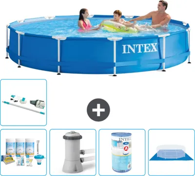 Produktbild von Intex-Schwimmbecken mit rundem Rahmen – 366 x 76 cm – Blau – im Lieferumfang enthalten Wartungspaket - Filterpumpe für Schwimmbad - Filter - Bodenplane - Staubsauger