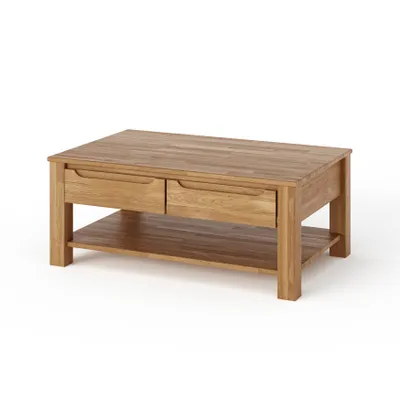 A wooden coffee table with two drawers and a lower shelf, shown against a white background.