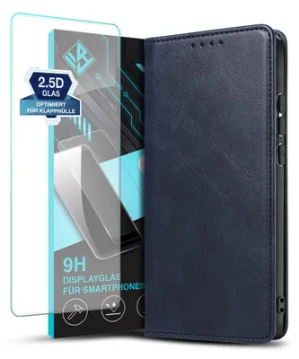 Produktbild von Handyhülle für Xiaomi Redmi Note 14 Pro mit 9H Displayglas Kunstleder Flip Cover Hülle Klapphülle Case Kartenfach Farbe: Blau