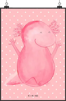 Produktbild von Mr. & Mrs. Panda Bild Axolotl Hurra DIN A2 - Rot Pastell - Geschenk, Molch, Lurch, drucke, Plakat, Spaß, Motivation, Wanddekoration, wanddeko, Wandbild, Lurche