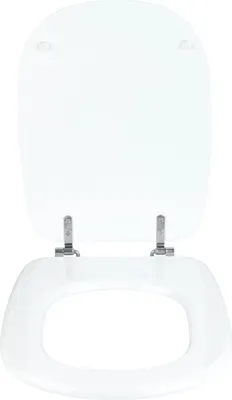 A white toilet seat and lid are shown in the open position against a white background.