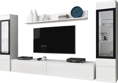 Produktbild von MIRJAN24 Wohnwand Vera II, Stilvoll Wohnzimmer-Set, TV-Schrank, Modern Mediawand (Weiß / Weiß Hochglanz, ohne Beleuchtung)
