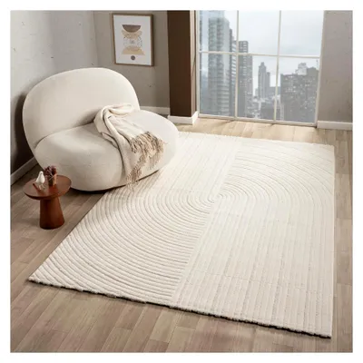 Produktbild von Moderner Kurzflor Teppich für Wohnzimmer und Schlafzimmer in Boho-Optik, Regenbogen, Farbe: Creme, Maße: 120x170 cm