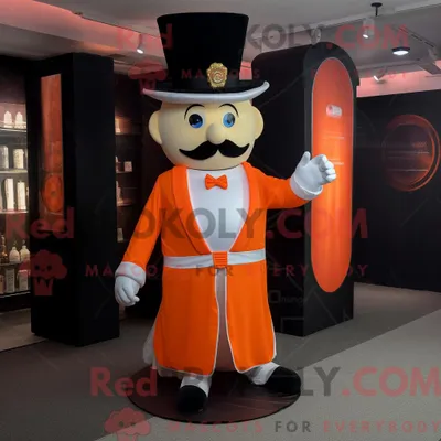 Produktbild von Maskottchenfigur REDBROKOLY eines orangefarbenen Zirkusdirektors mit Empire-Kleid und Geldbörsen