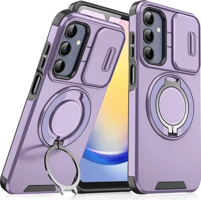 Image de Etui double couche pour Samsung Galaxy A25, avec couvercle coulissant pour l'appareil photo et support magnétique pour anneau Violet