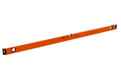 An orange aluminum spirit level on a white background.