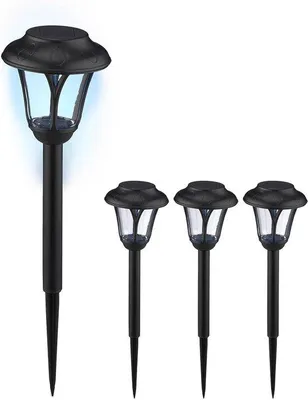Produktbild von Solar-LED-Gartenleuchten-Set aus 4 Außenleuchten mit Bodenfuß 39 x 11 cm Solarbetrieb LED schwarz