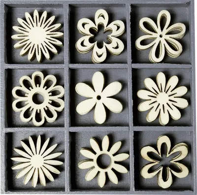 Holzbox mit 45 Fantasieblumen-Ornamenten, 10,5 x 10,5 cm