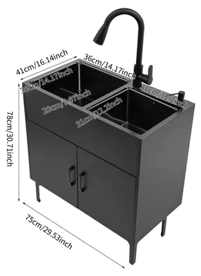 Produktbild von Spülenschrank - Freistehende Doppelspüle 75x41 cm - 201 Edelstahl - Ausziehbare Armatur 30 cm - Abflusskorb & Seifenspender - Schwarz