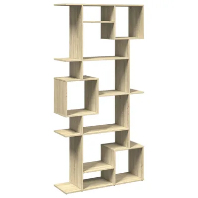 A modern, open shelving unit with an asymmetrical design, made of light wood-colored material, shown against a white background.