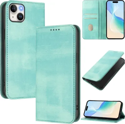 Image de Étui pour iPhone 15 Plus, étui en cuir vintage avec protection RFID, fentes pour cartes, support Turquoise