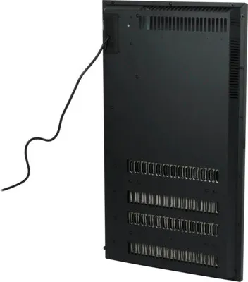 The back of a black electric heater is shown against a white background.