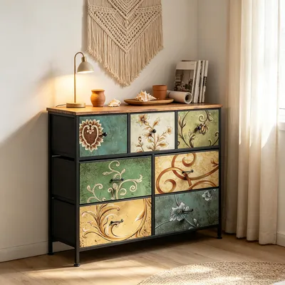 Obrázok produktu pre Komoda INONEFT s 7 zásuvkami potiahnutými látkou, rozmer 100x30x78 cm. Komoda do spálne, zásuvková komoda do obývačky, komoda s látkovými zásuvkami