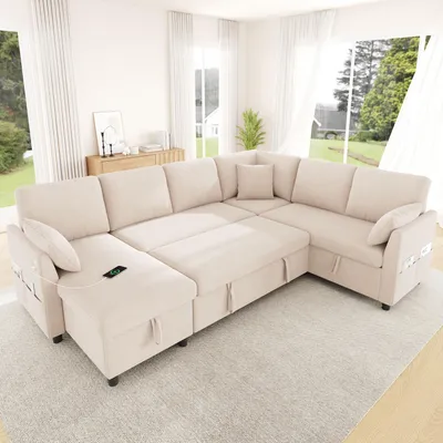 Produktbild von MODFU Ecksofa mit Schlaffunktion 255×196 cm, 6-Sitzer L/U-Sofa mit Stauraum, Schlafsofa Relaxsofa mit USB- und Type-C-Anschluss,Beige