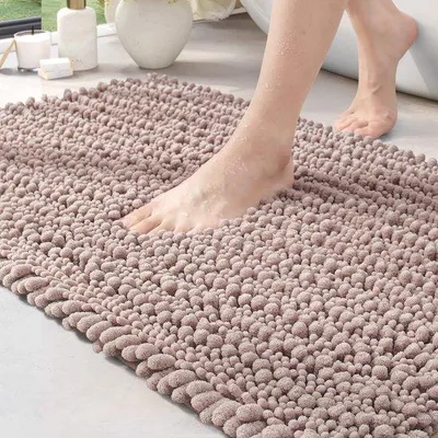 Immagine prodotto di Tappetino da bagno in ciniglia Unyqoos®, 60 x 110 cm – pelo alto di 3 cm, antiscivolo e lavabile in lavatrice, color beige
